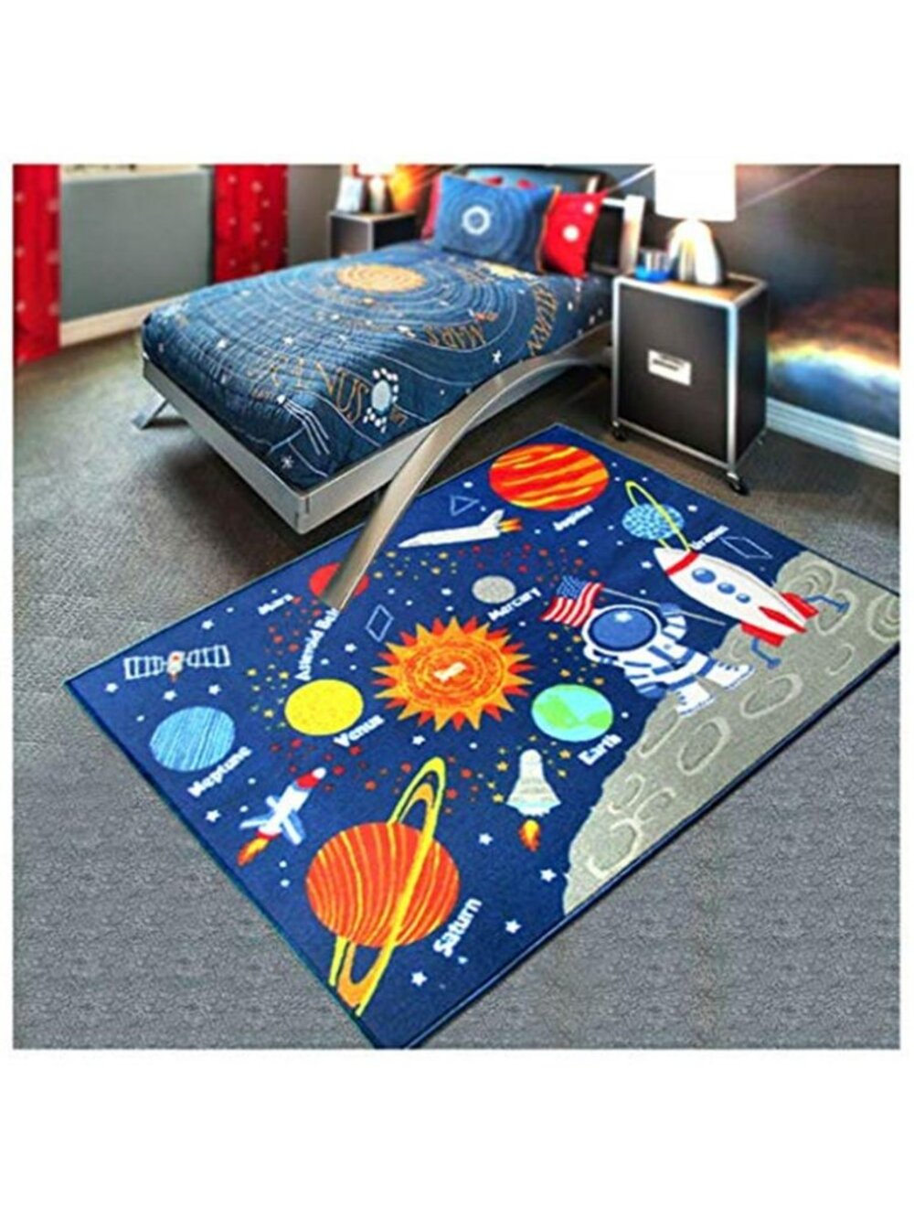 Outer Space Kids Play Area Rug, Solar System Carpet, Galaxy Planets Stars Play